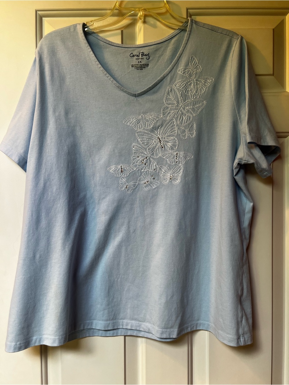 Coral Bay Light Blue V-Neck Short Sleeve Top with Butterfly Embroidery